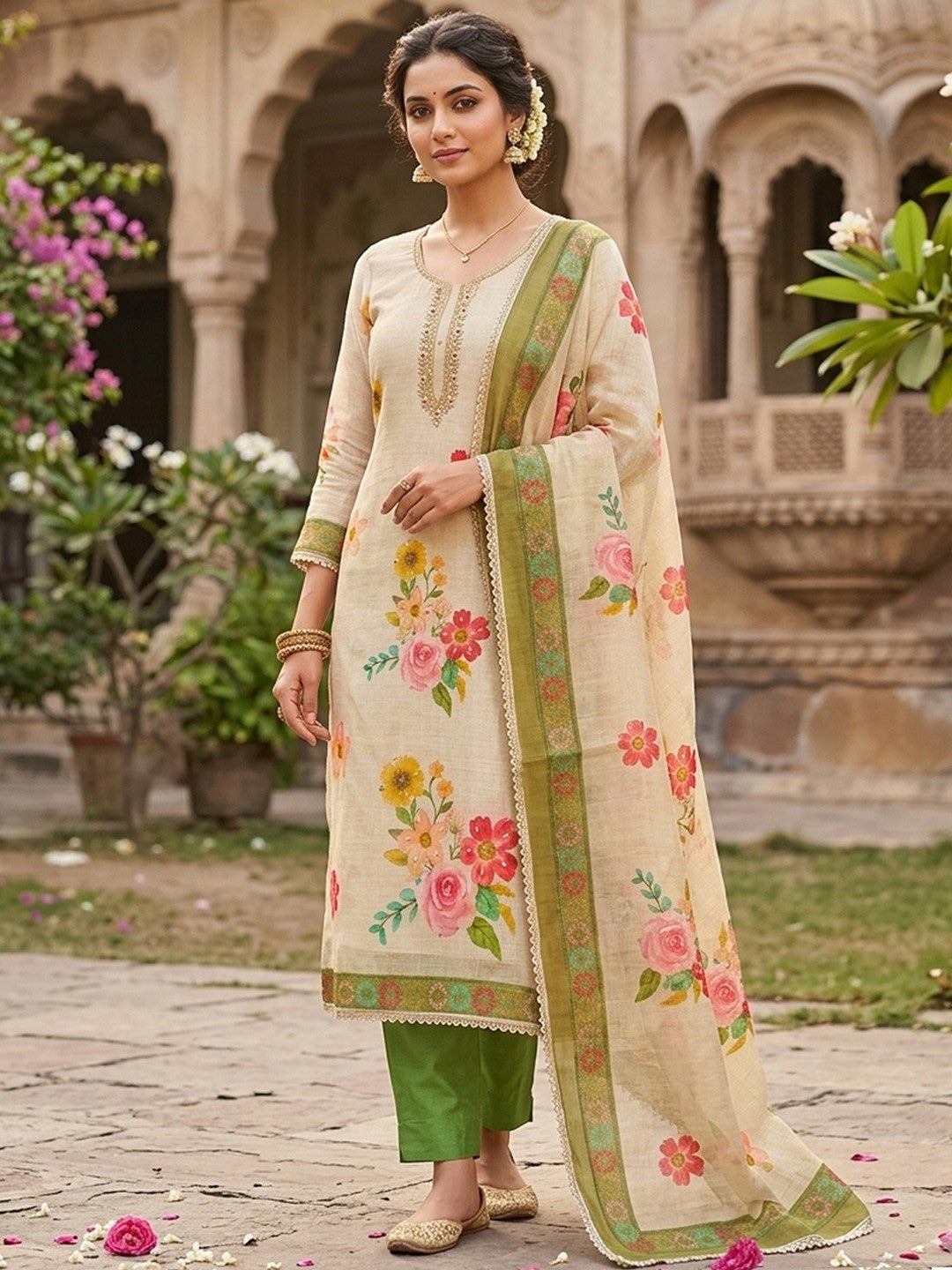 Offwhite & Green Floral Print with Beads Work Linen Unstitched Dress Material
