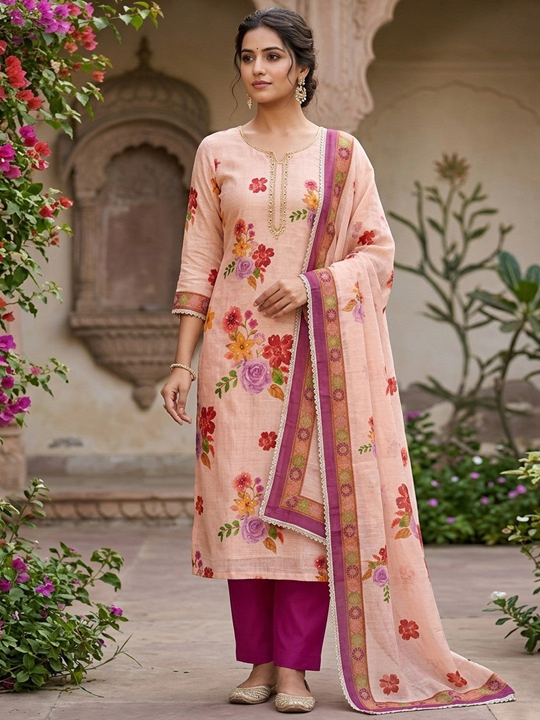 Offwhite & Purple Floral Print with Beads Work Linen Unstitched Dress Material