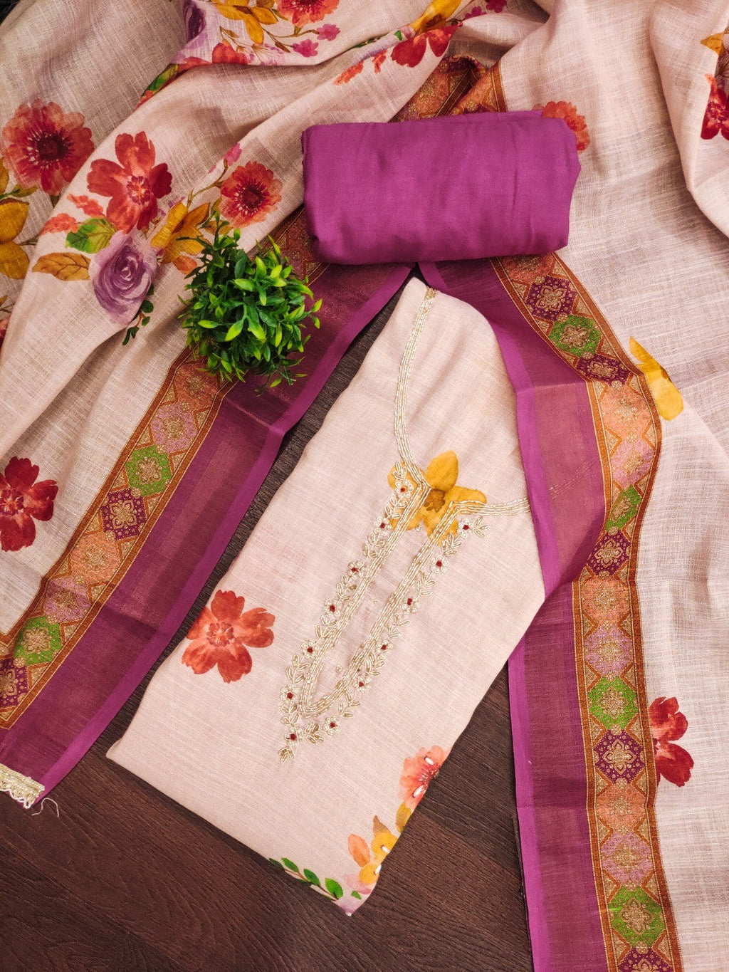 Offwhite & Purple Floral Print with Beads Work Linen Unstitched Dress Material