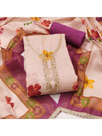 Offwhite & Purple Floral Print with Beads Work Linen Unstitched Dress Material