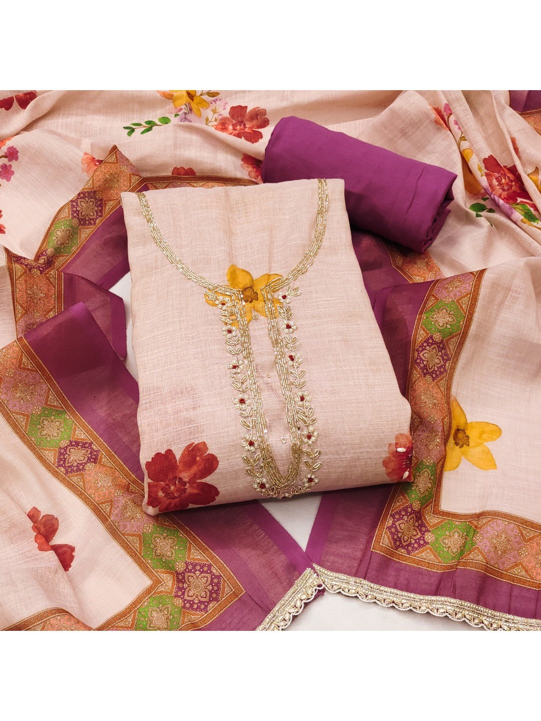 Offwhite & Purple Floral Print with Beads Work Linen Unstitched Dress Material