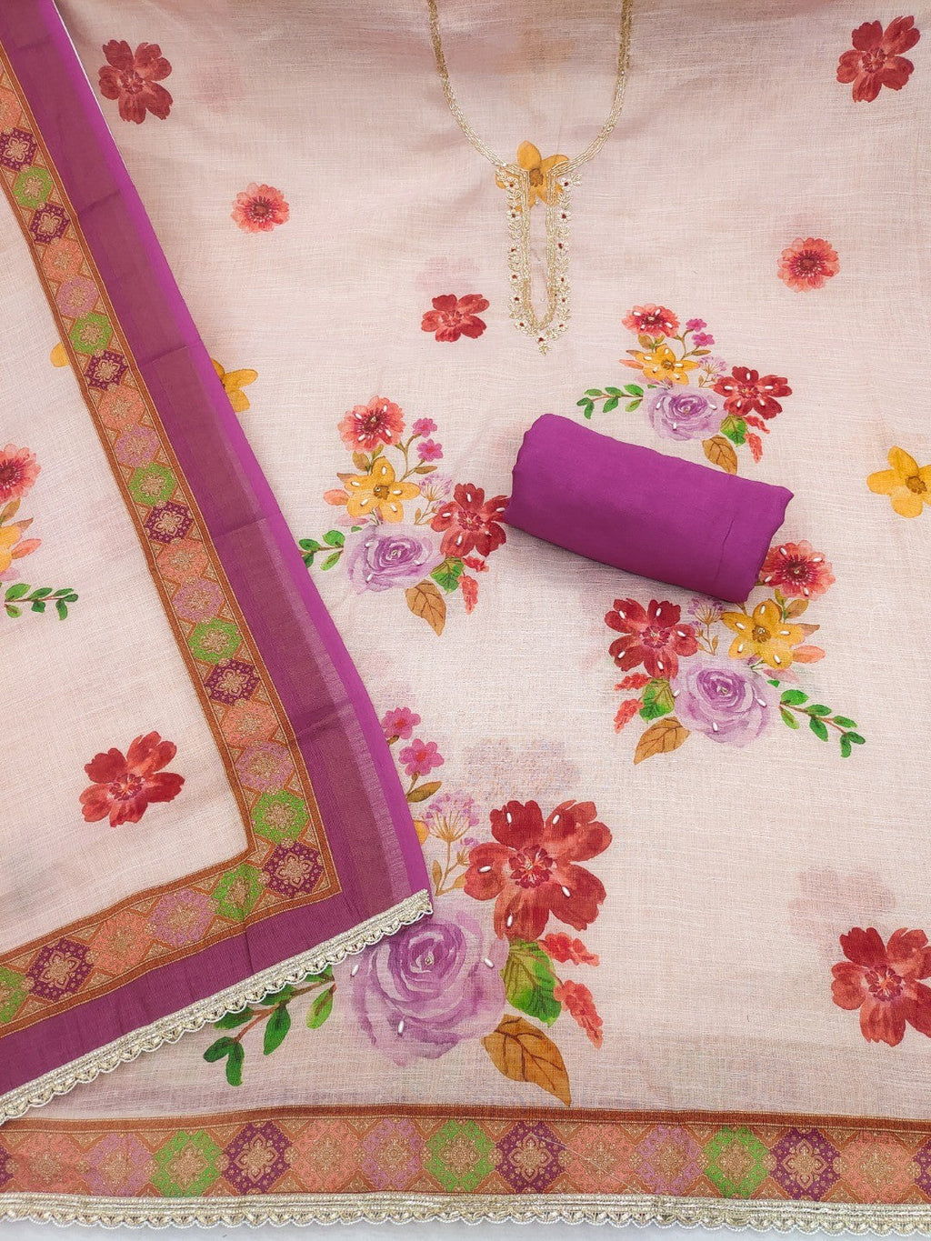 Offwhite & Purple Floral Print with Beads Work Linen Unstitched Dress Material
