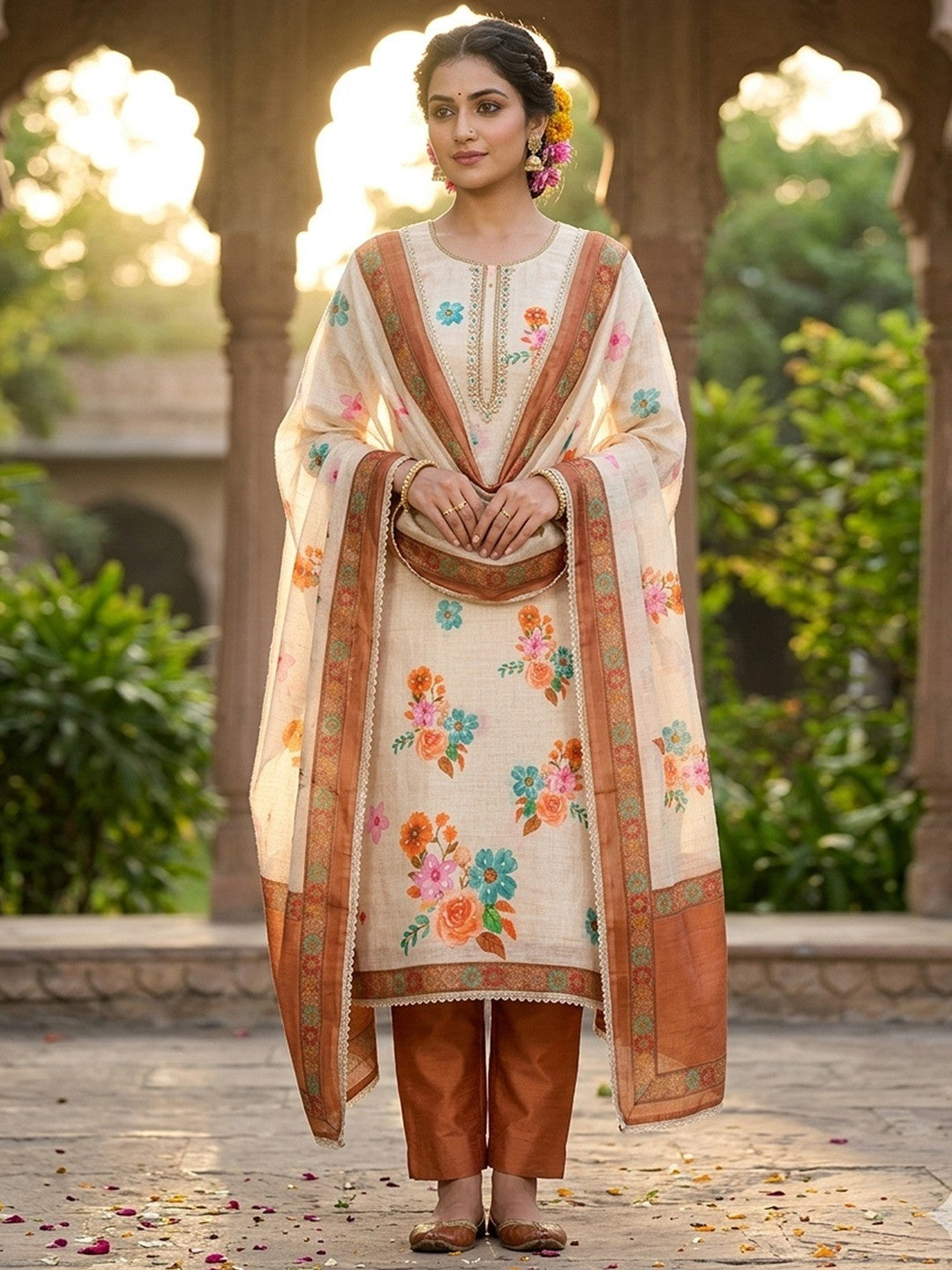 Offwhite & Brown Floral Print with Beads Work Linen Unstitched Dress Material