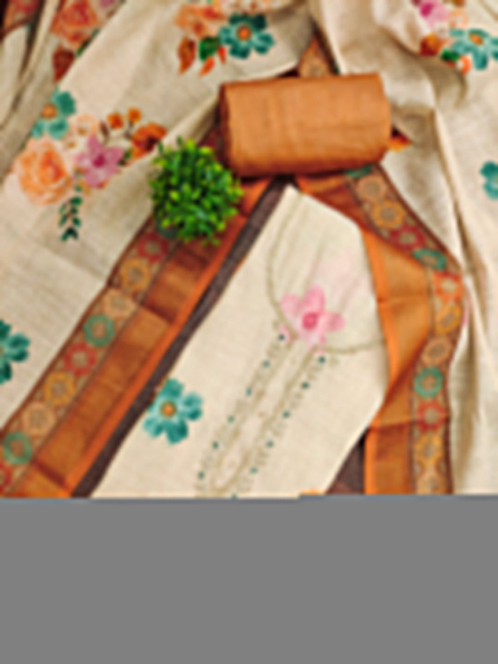 Offwhite & Brown Floral Print with Beads Work Linen Unstitched Dress Material