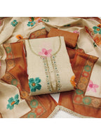 Offwhite & Brown Floral Print with Beads Work Linen Unstitched Dress Material