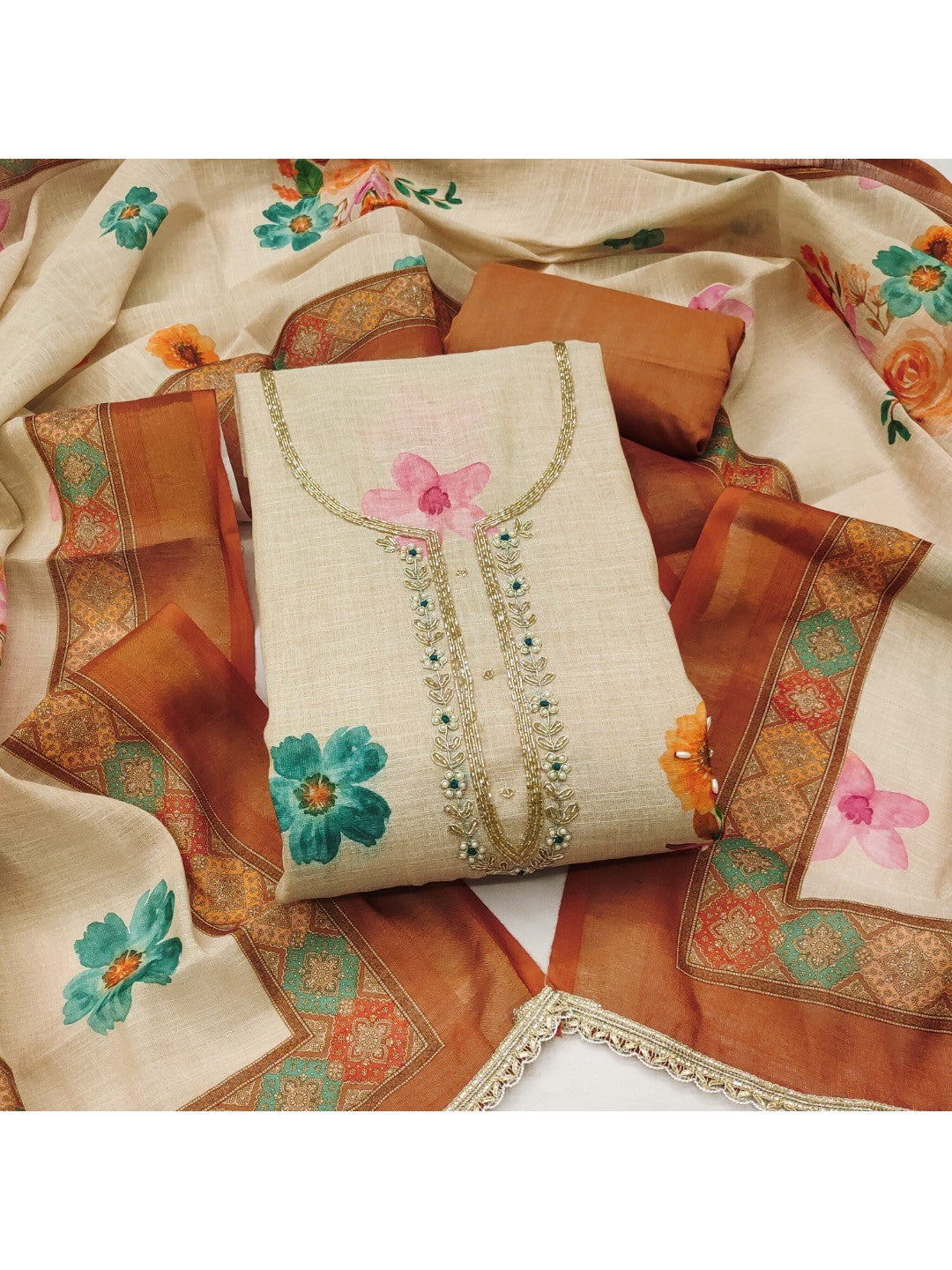 Offwhite & Brown Floral Print with Beads Work Linen Unstitched Dress Material