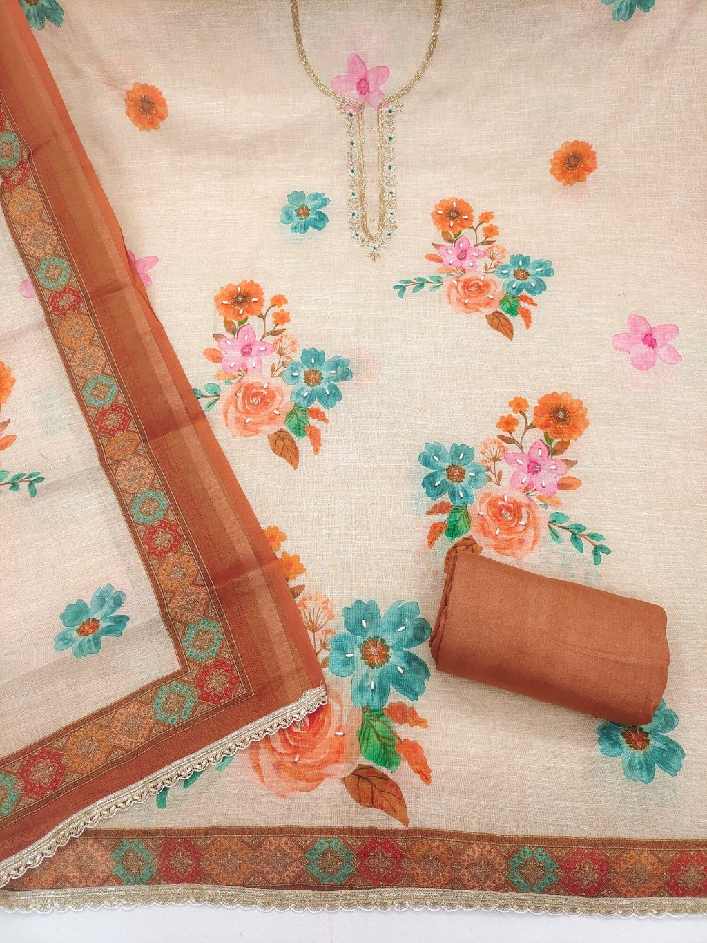 Offwhite & Brown Floral Print with Beads Work Linen Unstitched Dress Material