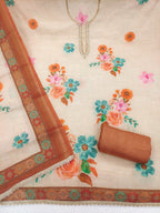 Offwhite & Brown Floral Print with Beads Work Linen Unstitched Dress Material