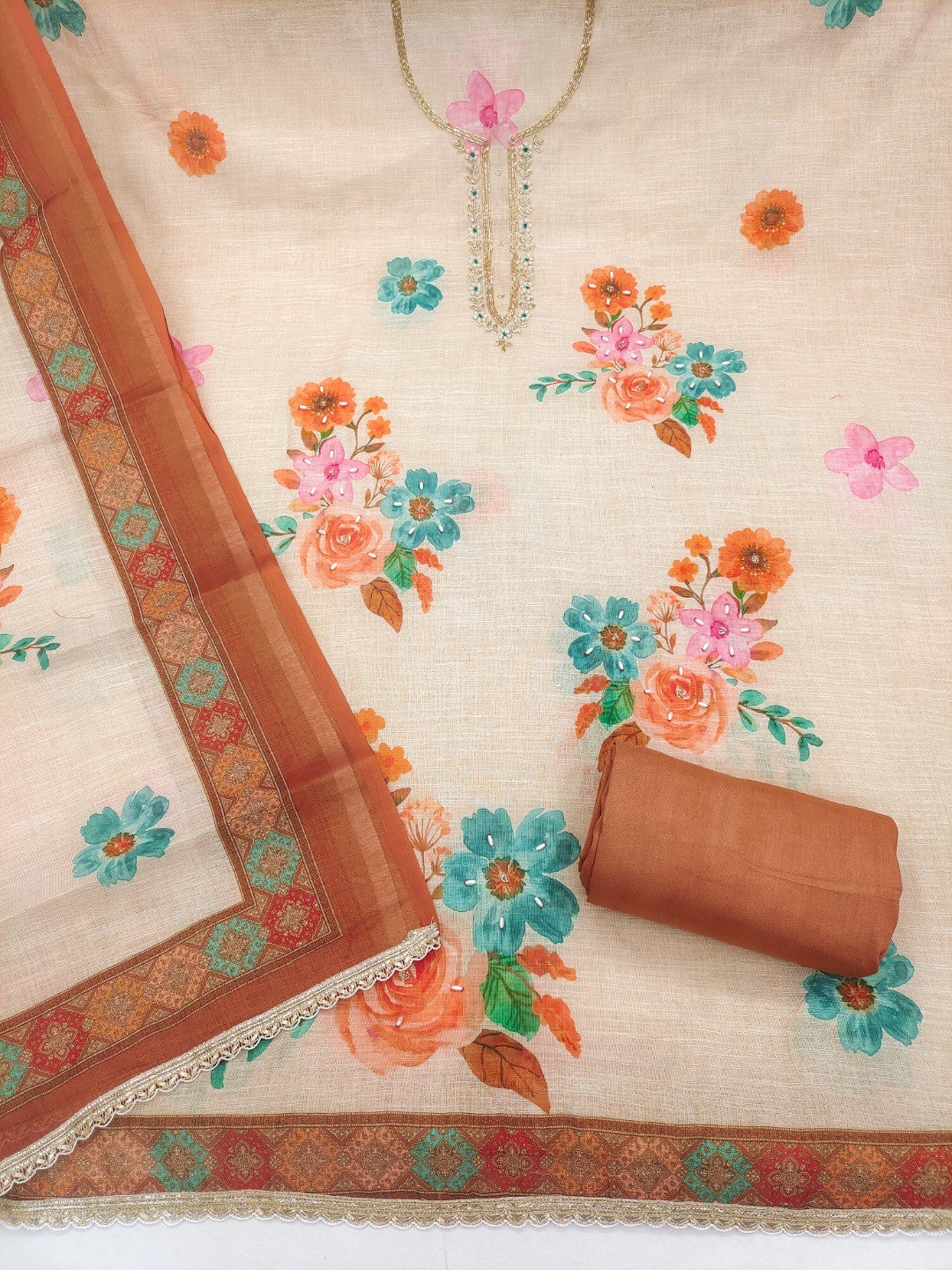 Offwhite & Brown Floral Print with Beads Work Linen Unstitched Dress Material