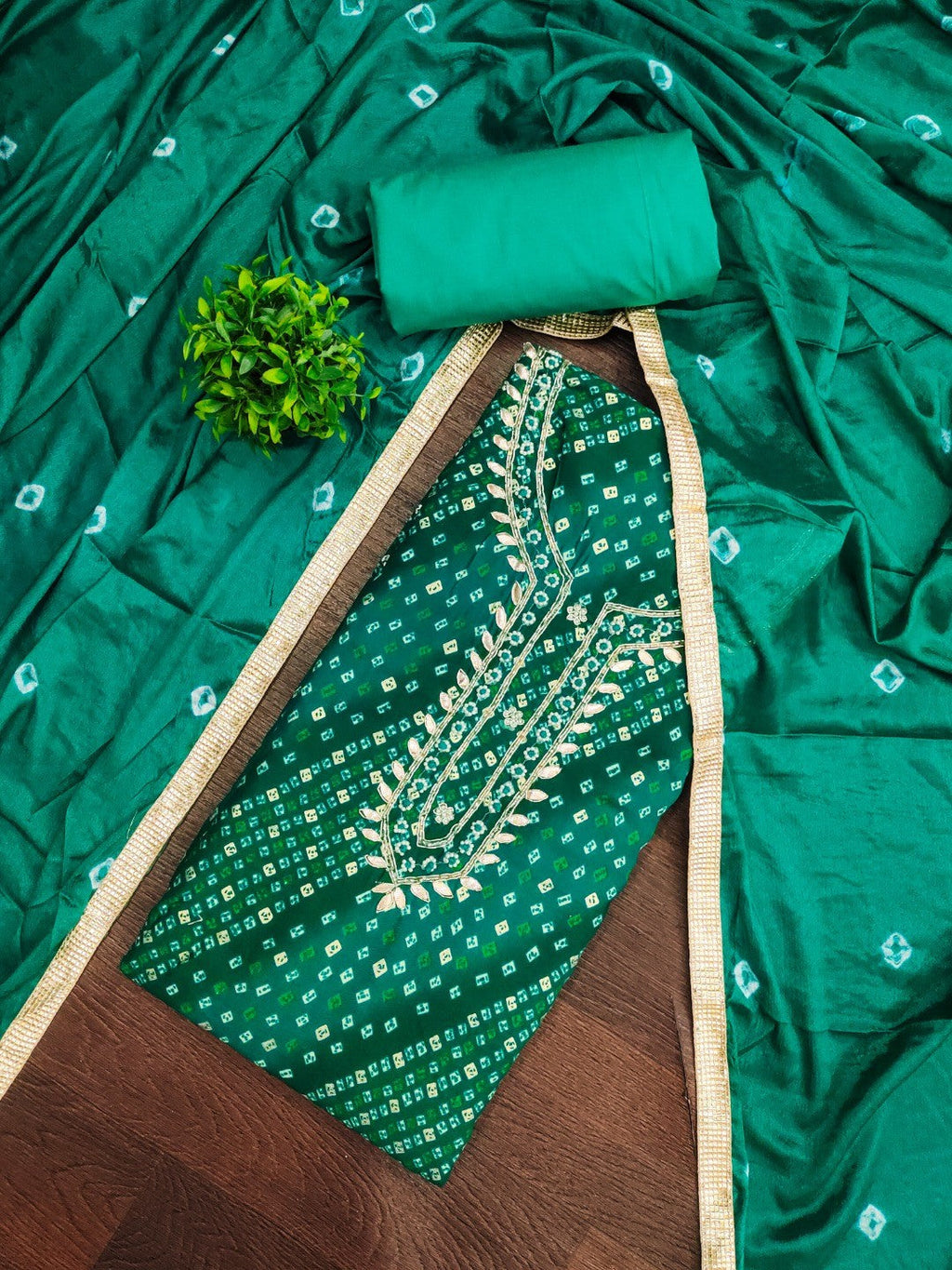 Elegant Rama Green Bandhani Print Pure Cotton Dress Material with Dupatta