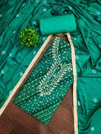 Elegant Rama Green Bandhani Print Pure Cotton Dress Material with Dupatta