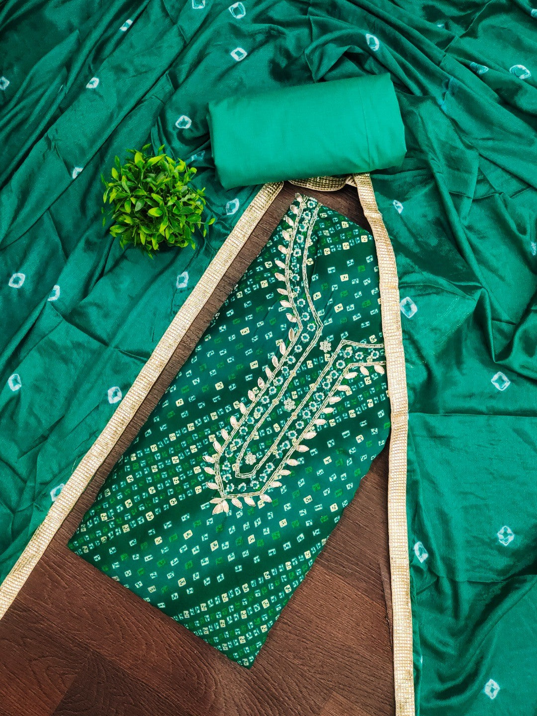 Elegant Rama Green Bandhani Print Pure Cotton Dress Material with Dupatta