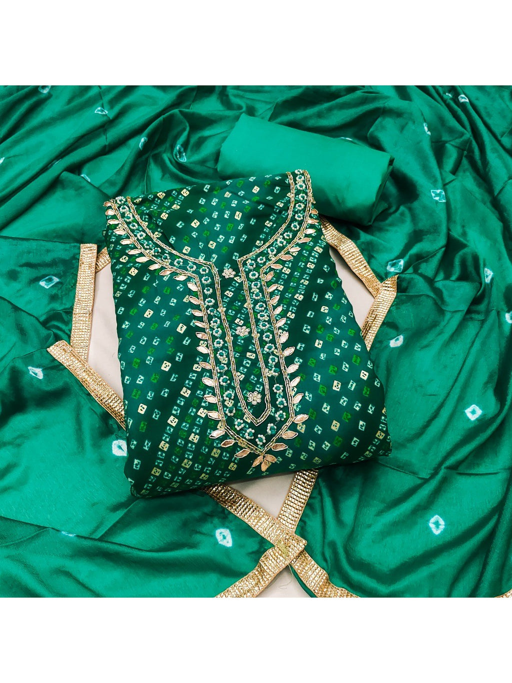 Elegant Rama Green Bandhani Print Pure Cotton Dress Material with Dupatta