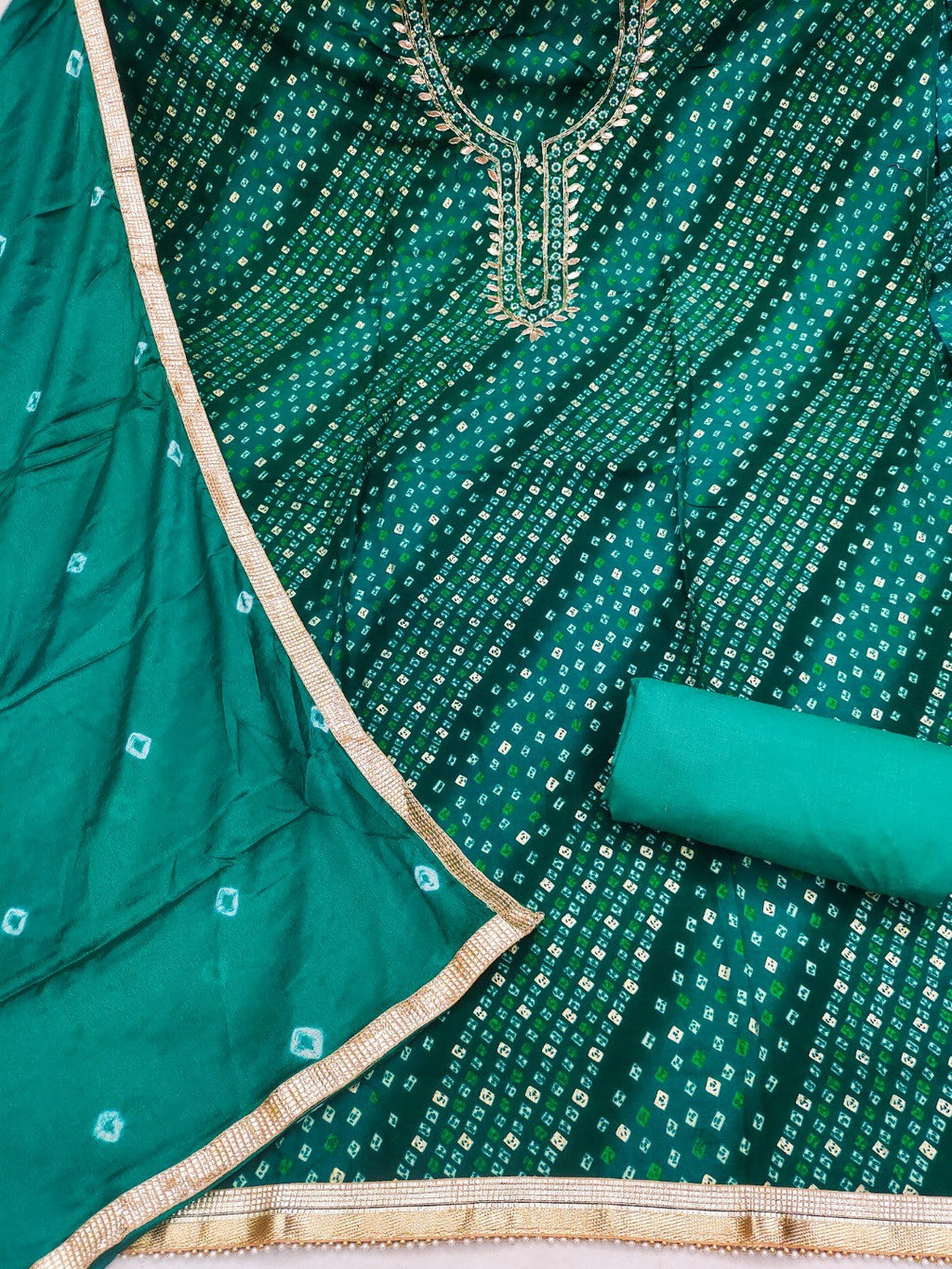 Elegant Rama Green Bandhani Print Pure Cotton Dress Material with Dupatta