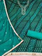 Elegant Rama Green Bandhani Print Pure Cotton Dress Material with Dupatta