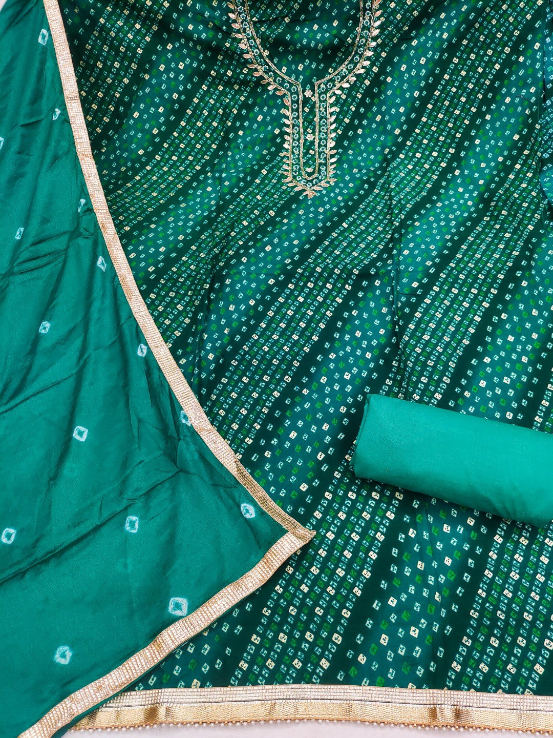 Elegant Rama Green Bandhani Print Pure Cotton Dress Material with Dupatta