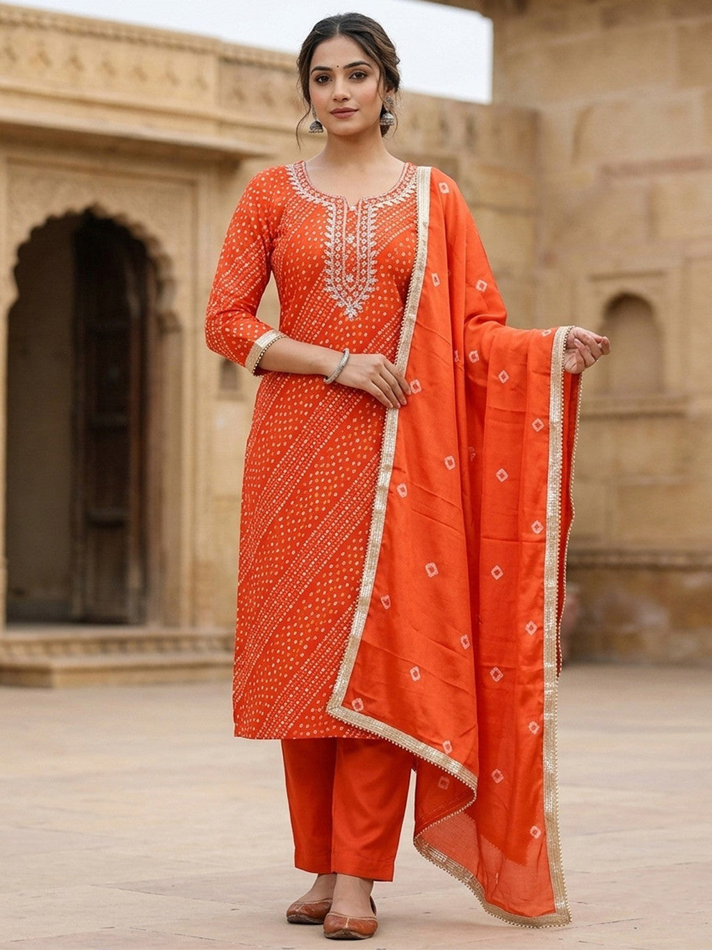 Elegant Orange Bandhani Print Pure Cotton Dress Material with Dupatta