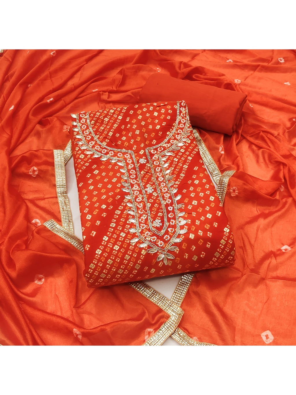 Elegant Orange Bandhani Print Pure Cotton Dress Material with Dupatta