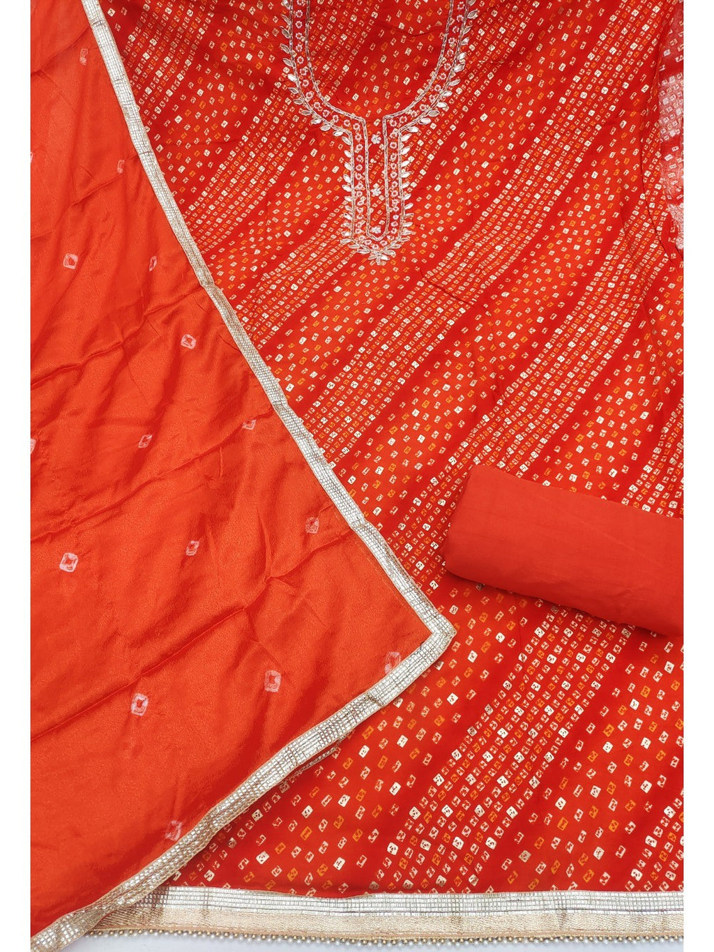Elegant Orange Bandhani Print Pure Cotton Dress Material with Dupatta