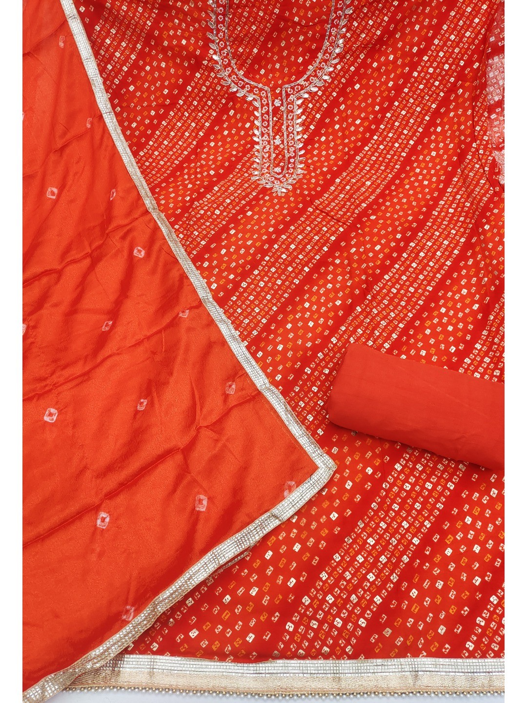 Elegant Orange Bandhani Print Pure Cotton Dress Material with Dupatta