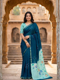 Rama Blue Mulmul Cotton Saree with Floral Print
