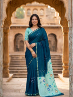 Rama Blue Mulmul Cotton Saree with Floral Print