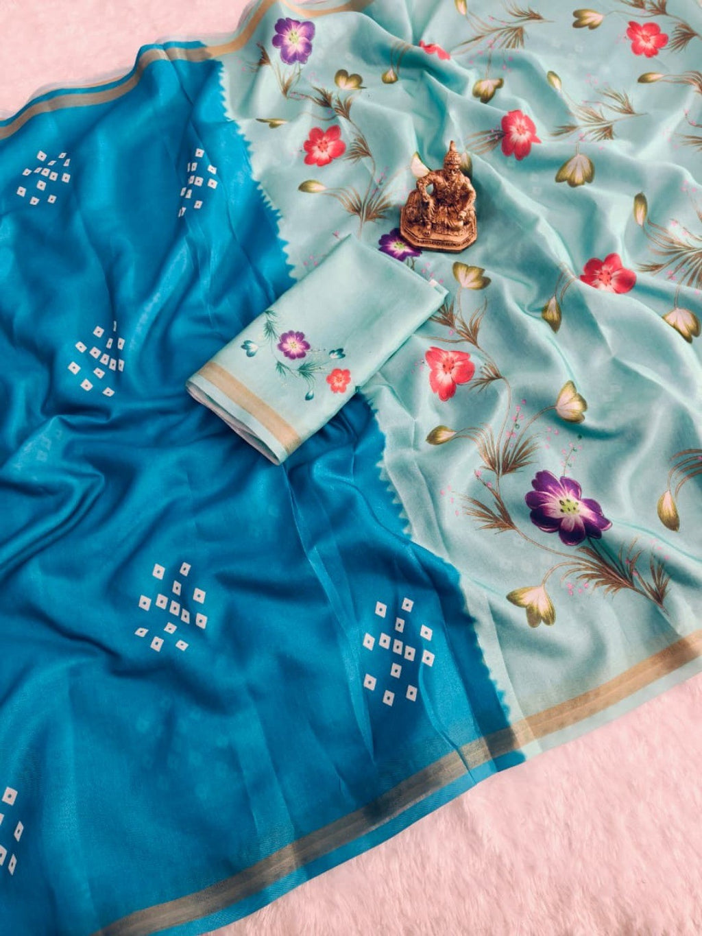 Rama Blue Mulmul Cotton Saree with Floral Print
