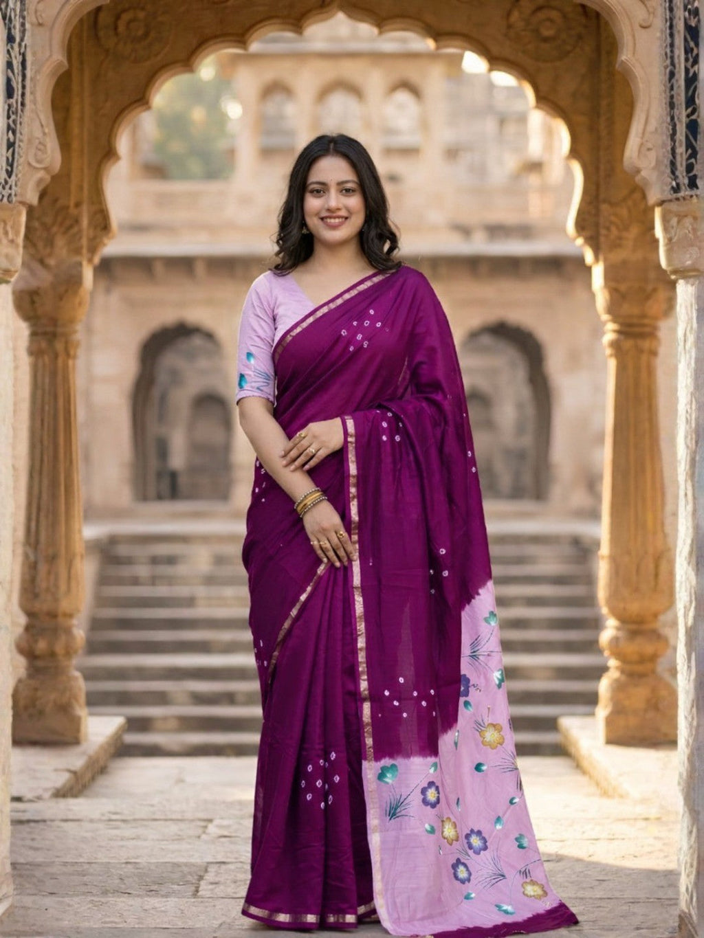 Ethnic Wine Bandhani Print Mulmul Cotton Saree With Elegant Floral Pallu Design