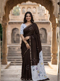 Elegant Brown Mulmul Cotton Saree with Floral and Bandhani Print