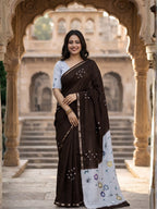 Elegant Brown Mulmul Cotton Saree with Floral and Bandhani Print