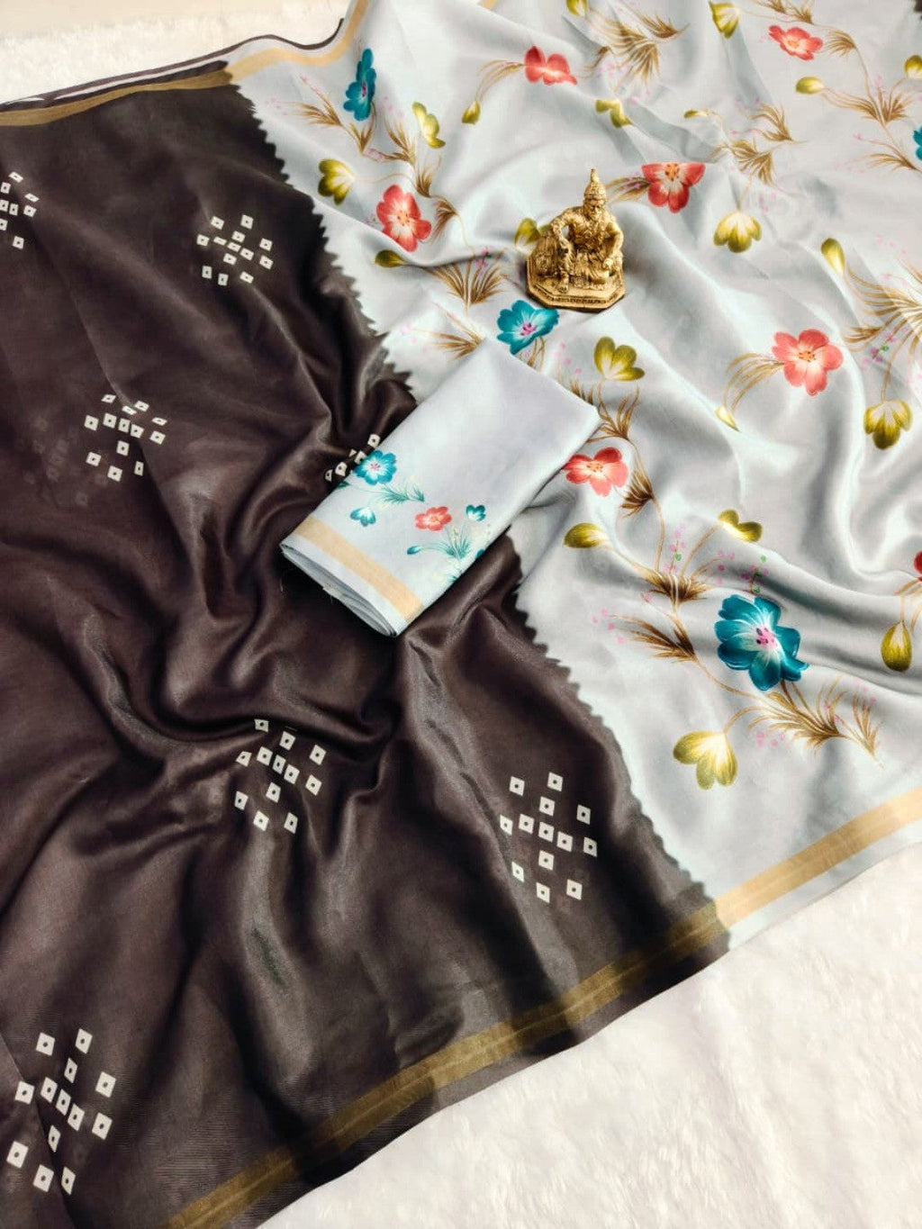 Elegant Brown Mulmul Cotton Saree with Floral and Bandhani Print