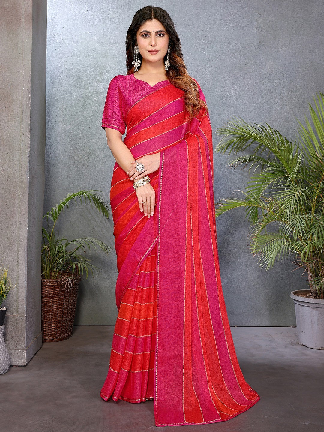 Luxurious Pink & Red Weaving Satin Saree Adorned With Swarovski Work
