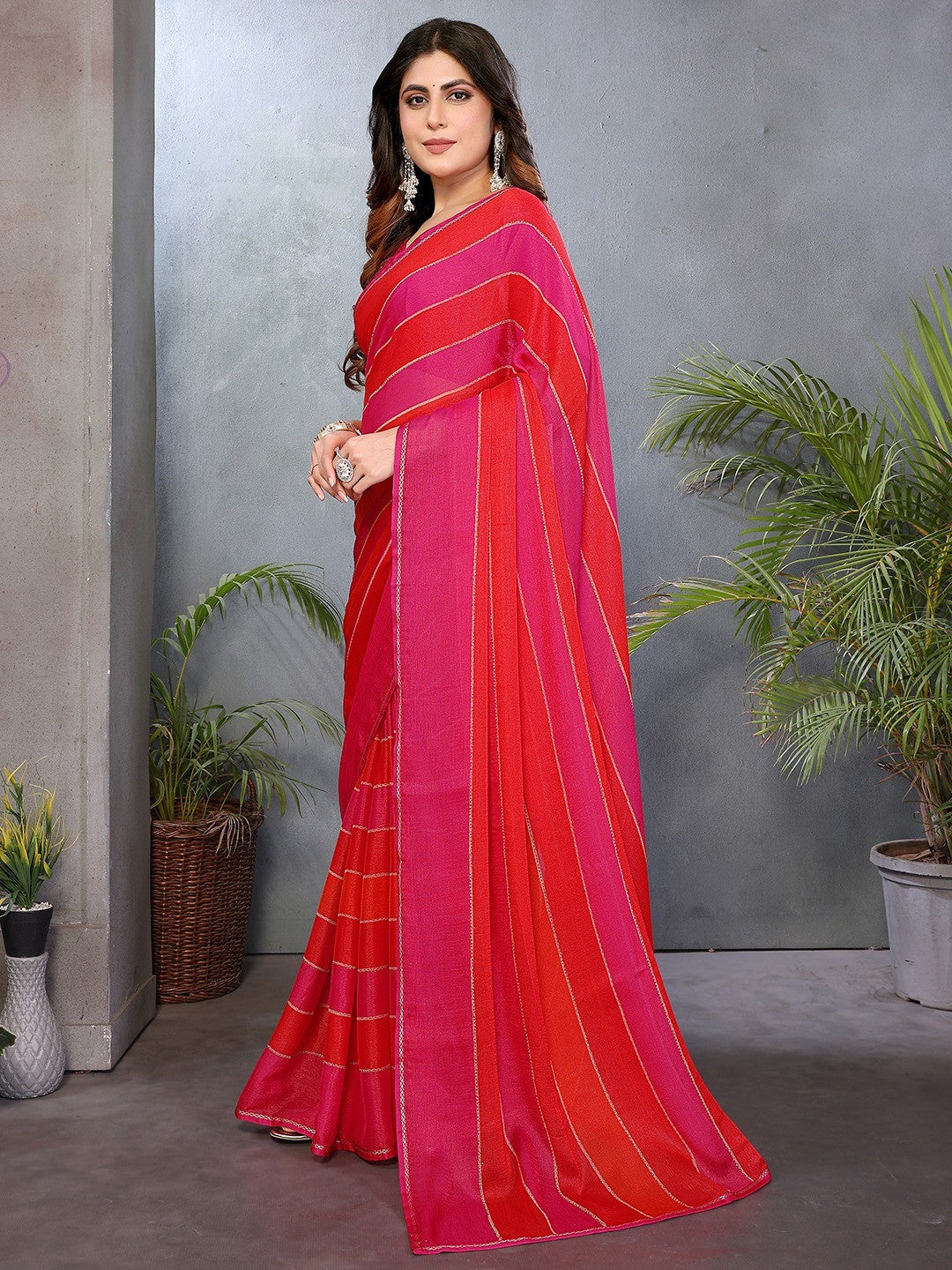 Luxurious Pink & Red Weaving Satin Saree Adorned With Swarovski Work