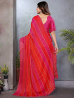 Luxurious Pink & Red Weaving Satin Saree Adorned With Swarovski Work
