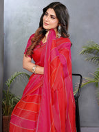Luxurious Pink & Red Weaving Satin Saree Adorned With Swarovski Work