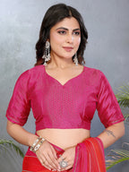 Luxurious Pink & Red Weaving Satin Saree Adorned With Swarovski Work
