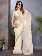 Elegant Offwhite Striped Pattern Organza Chiffon Silk Saree With Sequins Embroidery Work