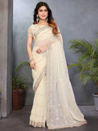 Elegant Offwhite Striped Pattern Organza Chiffon Silk Saree With Sequins Embroidery Work