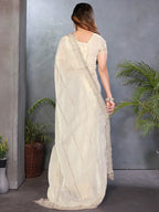 Elegant Offwhite Striped Pattern Organza Chiffon Silk Saree With Sequins Embroidery Work