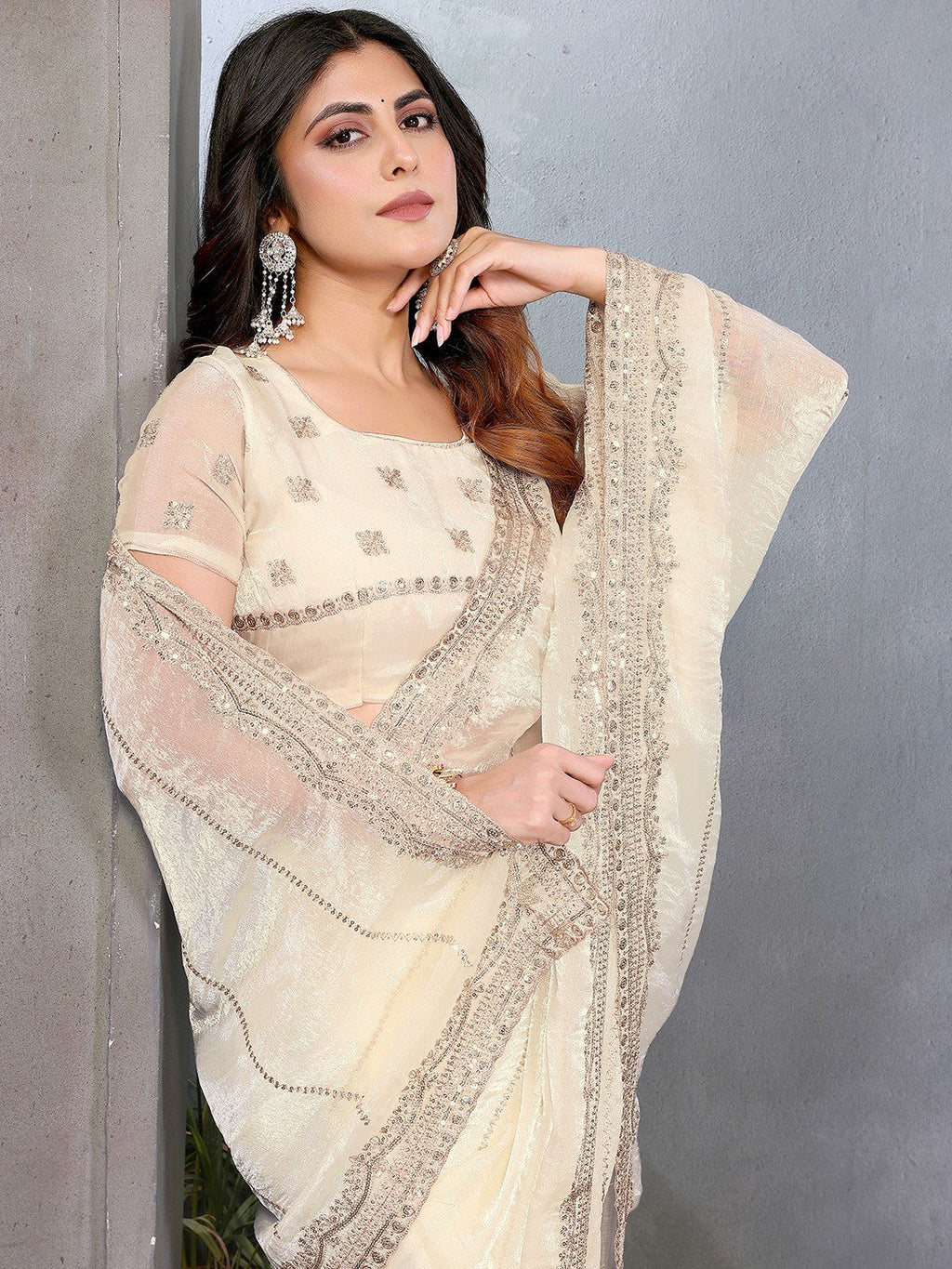 Elegant Offwhite Striped Pattern Organza Chiffon Silk Saree With Sequins Embroidery Work