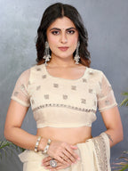 Elegant Offwhite Striped Pattern Organza Chiffon Silk Saree With Sequins Embroidery Work