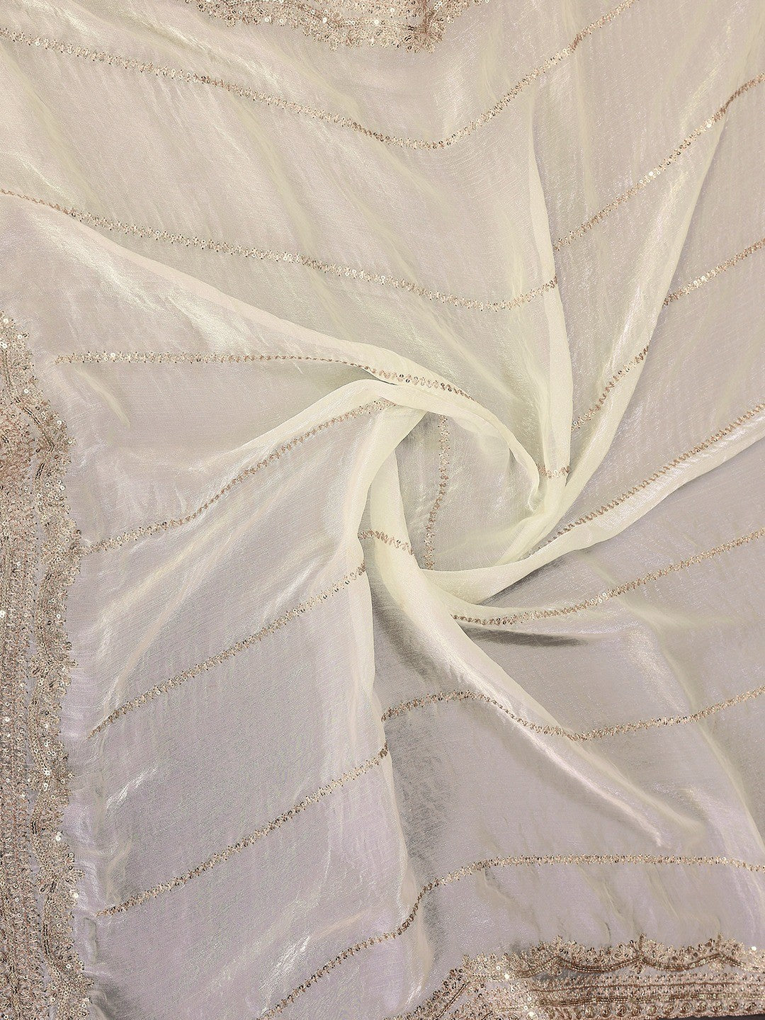 Elegant Offwhite Striped Pattern Organza Chiffon Silk Saree With Sequins Embroidery Work