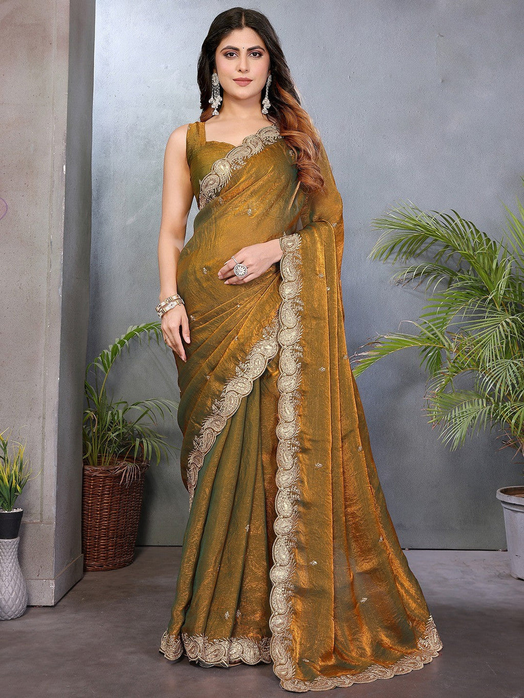 Sophisticated Copper Gold Paisley Pattern Saree Featuring Sequins Embroidery On Organza Chiffon Silk