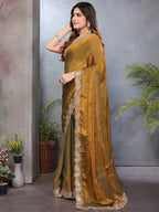 Sophisticated Copper Gold Paisley Pattern Saree Featuring Sequins Embroidery On Organza Chiffon Silk