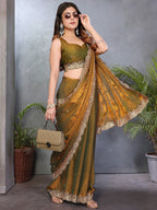 Sophisticated Copper Gold Paisley Pattern Saree Featuring Sequins Embroidery On Organza Chiffon Silk