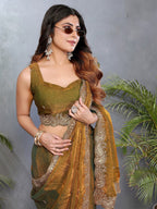 Sophisticated Copper Gold Paisley Pattern Saree Featuring Sequins Embroidery On Organza Chiffon Silk