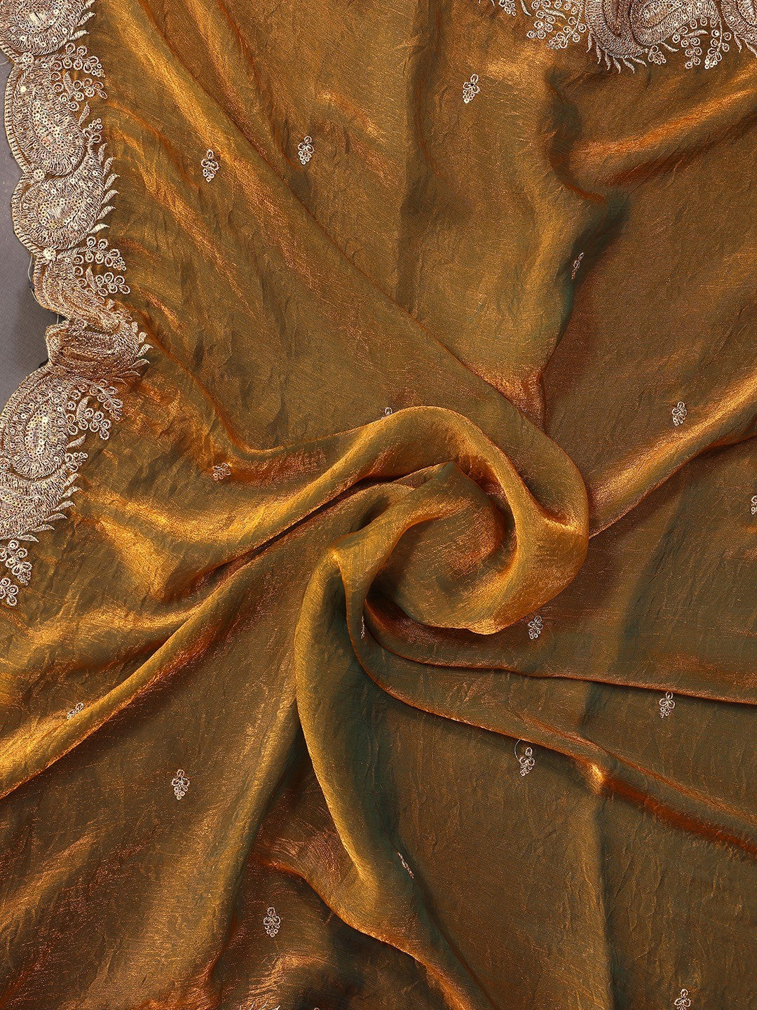 Sophisticated Copper Gold Paisley Pattern Saree Featuring Sequins Embroidery On Organza Chiffon Silk
