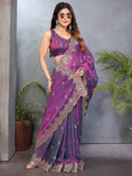 Designer Purple Sequins Embroidered Organza Chiffon Silk Saree With Luxe Finish