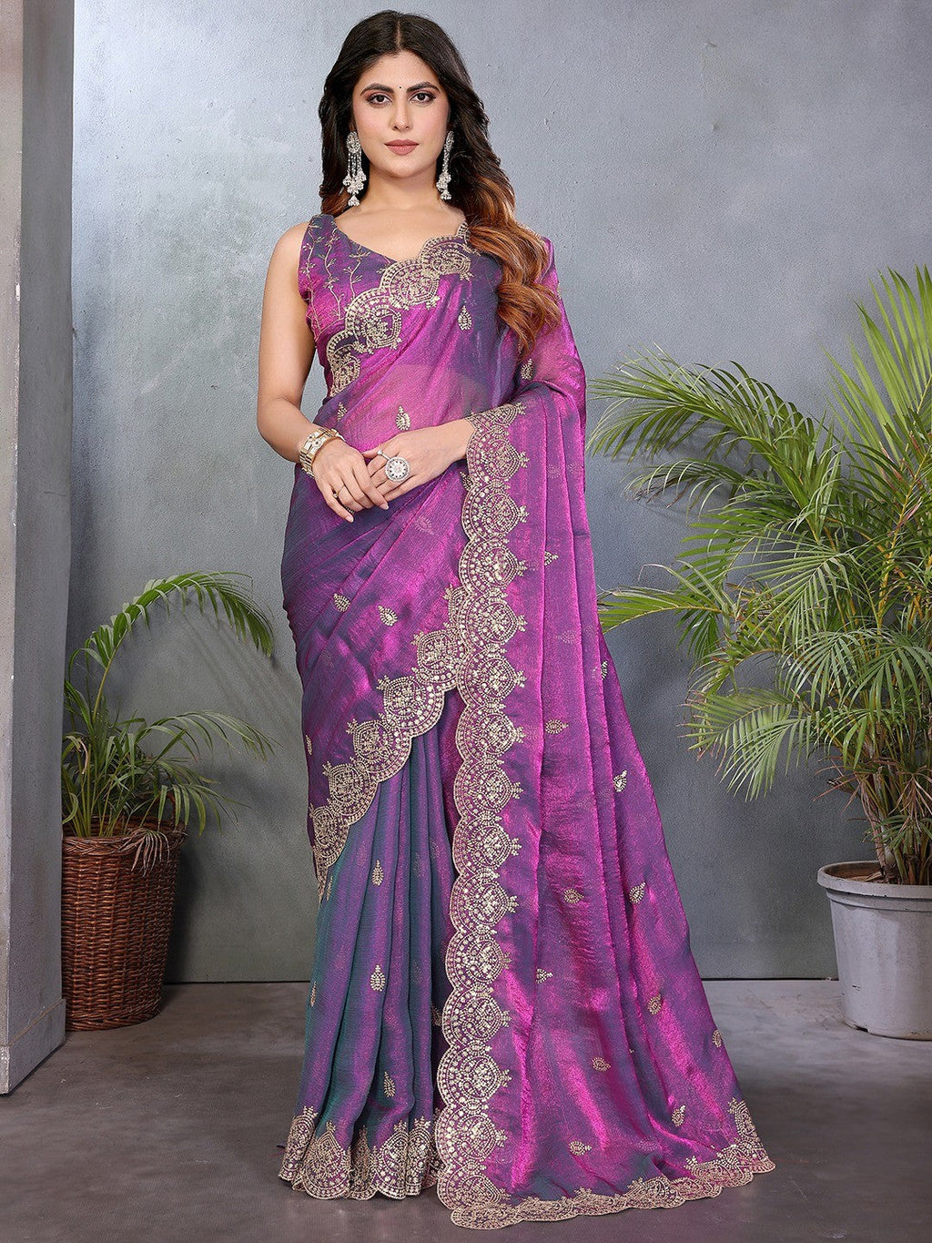 Designer Purple Sequins Embroidered Organza Chiffon Silk Saree With Luxe Finish