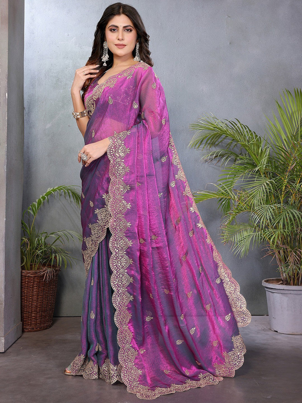 Designer Purple Sequins Embroidered Organza Chiffon Silk Saree With Luxe Finish